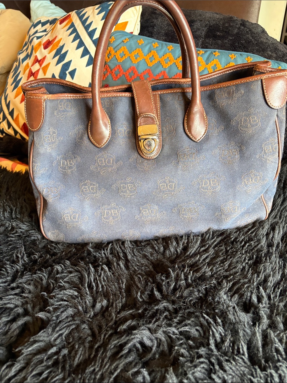 Leather-Trim Navy Monogram Tote Bag